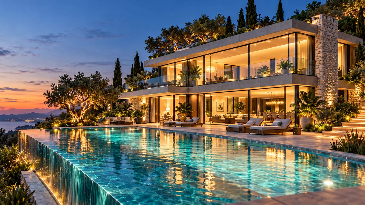 Illuminated modern residence and infinity pool at blue hour