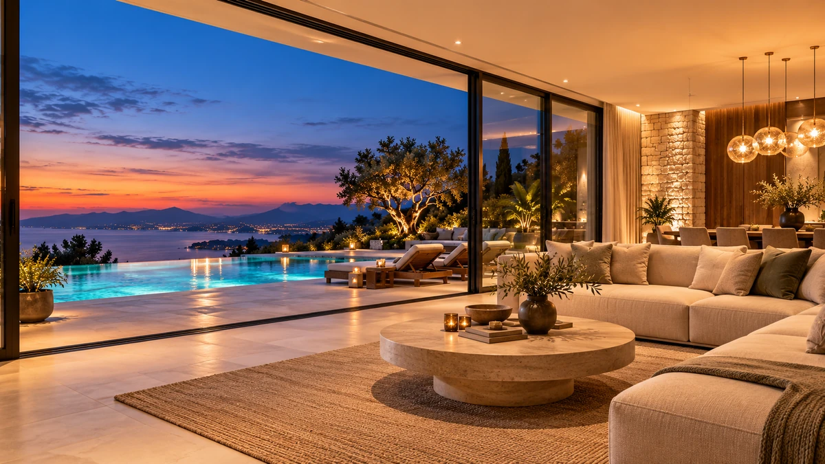 Warm living room opening to a pool and a sunset sea view